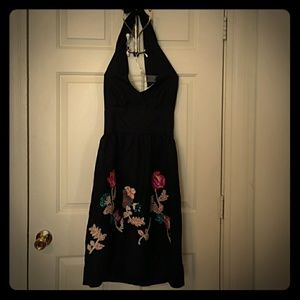 Woven / sewn flowered black halter sundress